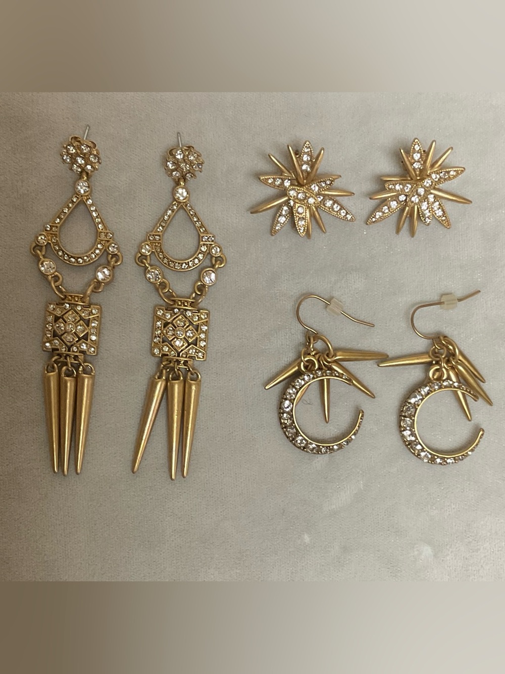 J.Crew  Matte Gold Tone Rhinestone 3 Earrings Set